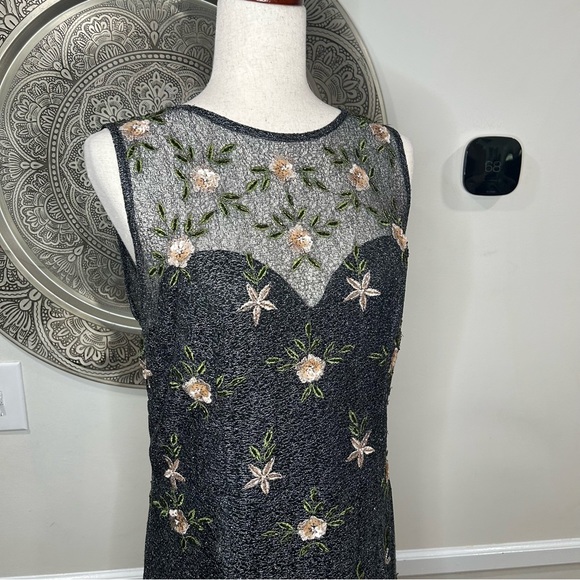 Anthropologie  BHLDN black shimmer sleeveless maxi with pink flowers - size 14 - Picture 4 of 12